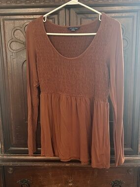 American Eagle Outfitters Brown Smocked Long Sleeve Peplum Top